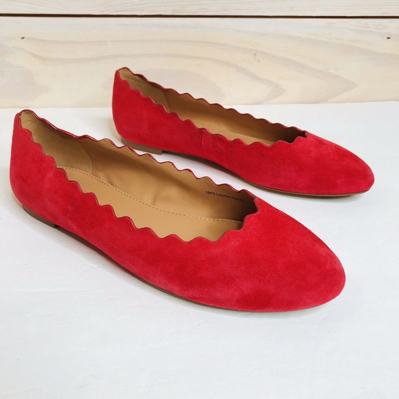 J Crew Poppy Red Suede Scallop Ballet Flats 7 - Picture 3 of 11